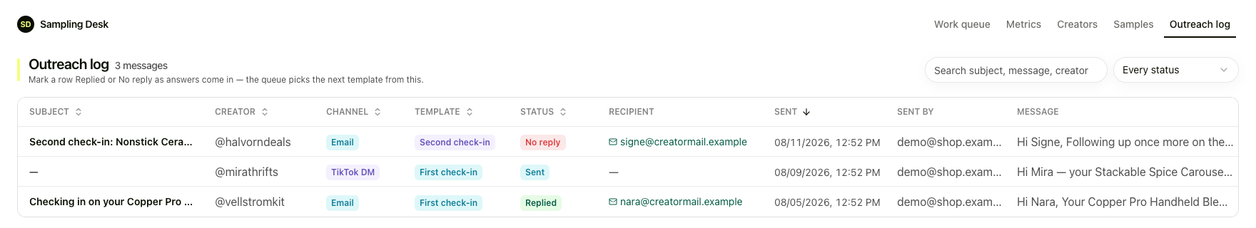 The outreach log. Marking a row Replied or No reply is what decides which template the queue offers next.